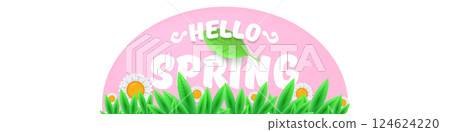 Hello spring pink and white horizontal banner with text and flowers. hello spring slogan or label isolated on pink background. Springtime banner, corner , sticker and header Hello spring pink and white horizontal banner with text and flowers. hello spring slogan or label isolated on pink background. Springtime banner, corner , sticker and header 124624220