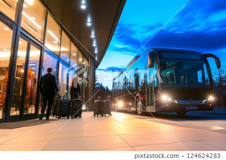 Bus at hotel entrance with travelers and luggage. 124624283
