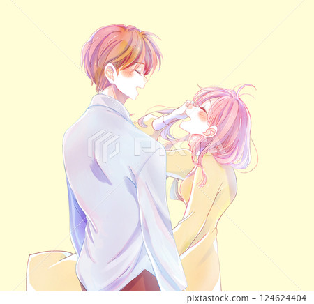 Men and women facing each other and cuddling and laughing 124624404