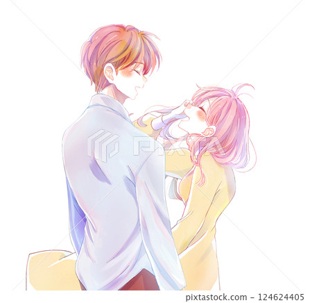 Men and women facing each other and cuddling and laughing 124624405