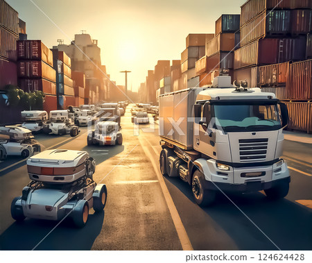 Illustration of an autonomous truck and a delivery robot moving around a petrochemical complex 124624428
