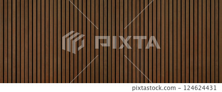 Long Panorama Wooden Background Banner - Brown Wooden Acoustic Panels, Seamless Vertical Plank Texture Wall Texture. Long Panorama Wooden Background Banner - Brown Wooden Acoustic Panels, Seamless Vertical Plank Texture Wall Texture. 124624431