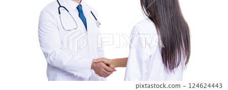 medical deal between two colleague isolated on white. promotion deal in medicine. doctor handshake with nurse. healthcare insurance deal. medicine and healthcare. cropped view medical deal between two colleague isolated on white. promotion deal in medicine. doctor handshake with nurse. healthcare insurance deal. medicine and healthcare. cropped view 124624443