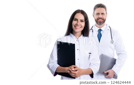 Health insurance. healthcare and medicine. Medicine doctor hold patient information clipboard. medical and healthcare workers in hospital isolated on white. two doctors internist in medicine service Health insurance. healthcare and medicine. Medicine doctor hold patient information clipboard. medical and healthcare workers in hospital isolated on white. two doctors internist in medicine service 124624444