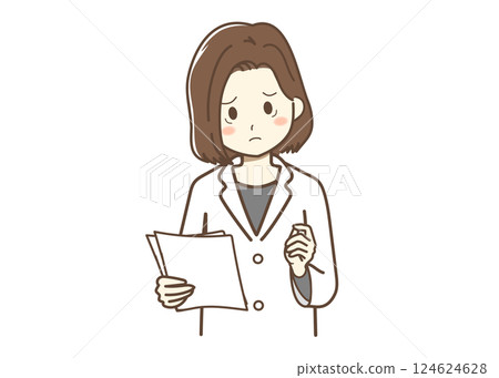 Illustration of a female pharmacist worried about a prescription 124624628