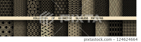 Geometric set of seamless black and golden patterns. Simple vector graphics 124624664
