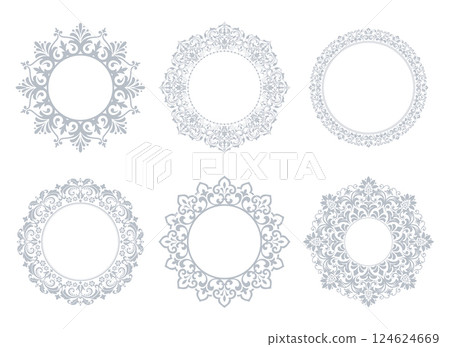 Set of decorative frames Elegant vector element for design in Eastern style, place for text. Floral gray and white borders. Lace illustration for invitations and greeting cards 124624669