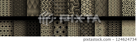 Geometric set of seamless black and golden patterns. Simple vector graphics 124624734