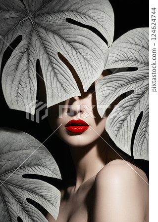 beautiful girl behind palm leaves. young sexy woman in shadows of foliage 124624744