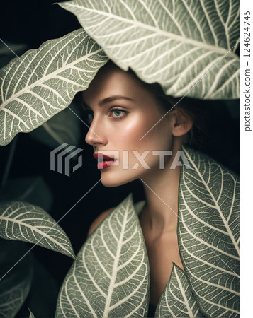 beautiful girl behind big leaves. young sexy woman in shadows of foliage beautiful girl behind big leaves. young sexy woman in shadows of foliage 124624745