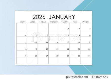 January calendar card for 2026 year on blue background. January calendar card for 2026 year on blue background. 124624847