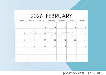 February calendar card for 2026 year on blue background. February calendar card for 2026 year on blue background. 124624848