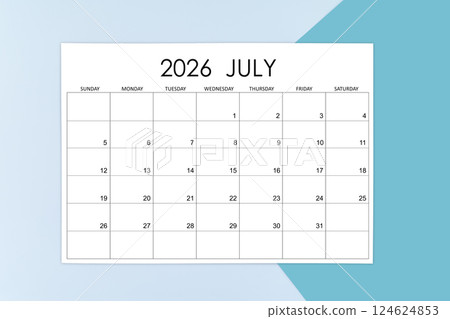 July calendar card for 2026 year on blue background. July calendar card for 2026 year on blue background. 124624853