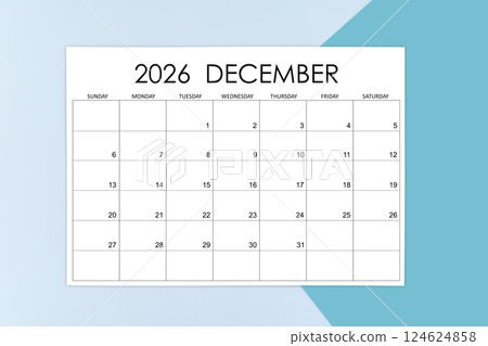 December calendar card for 2026 year on blue background. 124624858