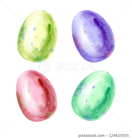 Watercolor Easter eggs isolated on a white background. Colorful colored eggs. The symbol of the Easter holiday is hand-drawn. Watercolor illustration. Watercolor Easter eggs isolated on a white background. Colorful colored eggs. The symbol of the Easter holiday is hand-drawn. Watercolor illustration. 124625035