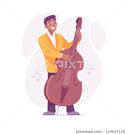 A Happy Musician Joyfully Playing the Double Bass While Dressed in a Bright and Colorful Outfit 124625138