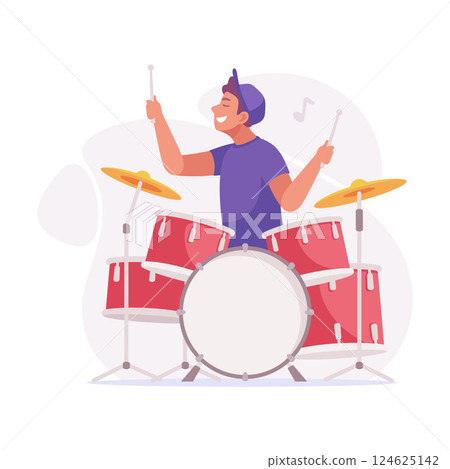 Energetic Drummer Enthusiastically Enjoying a Dynamic and Engaging Live Performance 124625142
