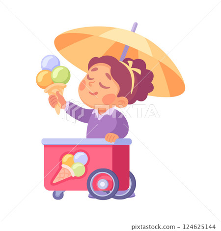 A Joyful Ice Cream Vendor, delighting everyone with a variety of Colorful Treats A Joyful Ice Cream Vendor, delighting everyone with a variety of Colorful Treats 124625144