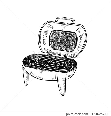 Compact kettle grill with wheels vector illustration painted by black inks. Etching drawing of modern portable BBQ mangal. Family sized travel barbecue for picnics, camping, and small gardens 124625213