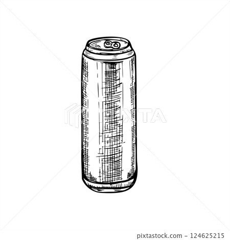 Vector metal beverage can minimalist black ink illustration. for beer, soda, or energy drink packaging designs. Etching drawing of aluminum drink can for branding, advertising, and editorial project Vector metal beverage can minimalist black ink illustration. for beer, soda, or energy drink packaging designs. Etching drawing of aluminum drink can for branding, advertising, and editorial project 124625215