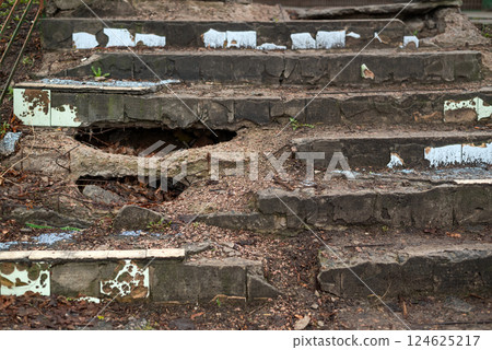 Old crumbling concrete stairs with large holes, cracks, and peeling paint, surrounded by dirt and debris, showing decay 124625217