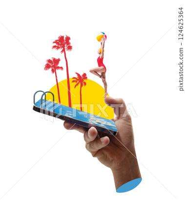 Woman in red swimsuit with beach ball balanced on fingertip above phone pool with sunset and red palms. Contemporary art collage. 124625364