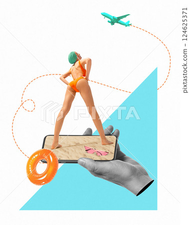 Confident woman in orange swimsuit standing on phone beach watching airplane flying over digital sky. 124625371
