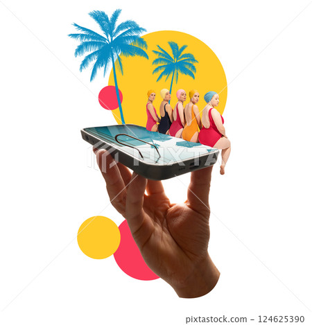 Line of women in retro swimsuits sitting by phone pool under blue palms and abstract shapes. Contemporary art collage. 124625390