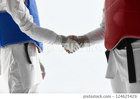 Cropped image of taekwondo athletes in red and blue gear shaking hands after match in sign of mutual respect Cropped image of taekwondo athletes in red and blue gear shaking hands after match in sign of mutual respect 124625429