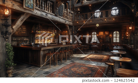 Interior image of a medieval fantasy bar with a heavy wooden interior 124625542