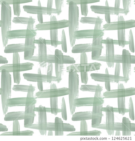 Watercolor horizontal and vertical intersecting green stripes hand drawn seamless dense pattern on soft cream background. Abstract texture brush stroke splashes decor illustration. For textile. 124625621