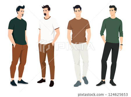 Men s Fashion Outfit Collection. A collection of stylish men dressed in various outfits, including casual, smart-casual, and streetwear styles. 124625653