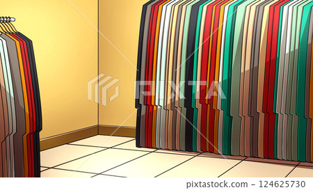 Colorful Clothing Rack in Fashion Boutique. Apparel Display Colorful Clothing Rack in Fashion Boutique. Apparel Display 124625730