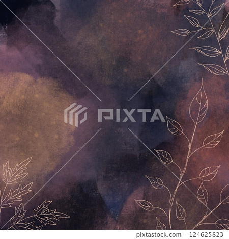 dark background with watercolor spots with a plant drawing in a thin line 124625823