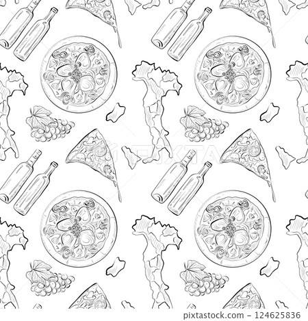 vector seamless pattern line art elements - food, cuisine vector seamless pattern line art elements - food, cuisine 124625836