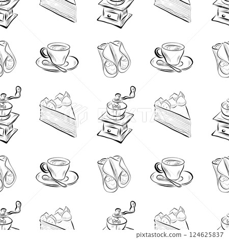 vector seamless pattern line art elements - food, cuisine vector seamless pattern line art elements - food, cuisine 124625837