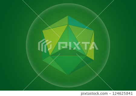 Sacred Geometry, 3D Mystical Merkaba spiritual new age symbol, geometric triangles and  blurry circle, vector design isolated on green background 124625841