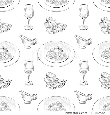 vector seamless pattern line art elements - food, cuisine 124625842