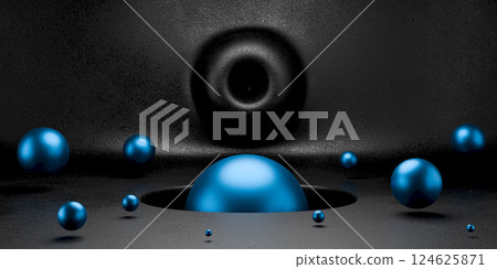 Blue shiny ball against a black interior falling into a hole in the ground. Abstract 3d render. dark moody composition with geometric shapes, modern background design or wallpaper 124625871