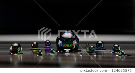 Dichoric smoked shiny glass ball against a black interior. Abstract 3d render. dark moody composition with geometric shapes, modern background design or wallpaper Dichoric smoked shiny glass ball against a black interior. Abstract 3d render. dark moody composition with geometric shapes, modern background design or wallpaper 124625875