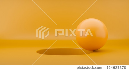 Abstract 3d render of shiny plastic yellow sphere or ball at the edge of the hole, composition with geometric shapes, modern background design or wallpaper 124625878