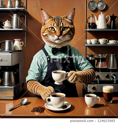 Portrait of a red cat as a barista standing behind the bar with a cup of coffee wearing a blue shirt and black bartender apron.Boho style coffee shop. Illustration in retro style 124625985