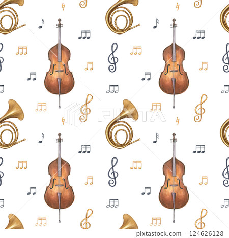 Double bass and French horn with musical notes watercolor seamless pattern isolated background. Woodwind and string instruments illustration. Orchestra elements for textiles, or music themed designs 124626128