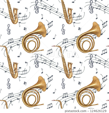 Golden musical notes on black staff watercolor illustration isolated background. Flying sound symbols on waving stave for music branding, educational materials, and concert posters. 124626129