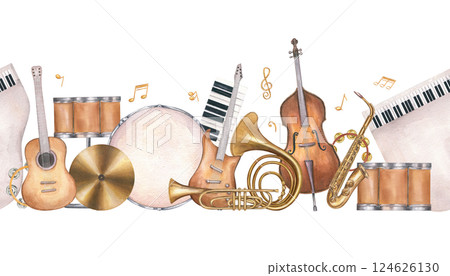 Watercolor musical instruments group seamless banner isolated background. Guitar, double bass, French horn, drum, piano and saxophone composition. For instrumental tutorials, festival posters 124626130