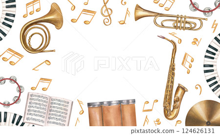 Watercolor percussion, string and wind instruments, musical notes, red splashes horizontal frame isolated background. Drum kit, double bass, piano, music notebook border with empty space for text. Watercolor percussion, string and wind instruments, musical notes, red splashes horizontal frame isolated background. Drum kit, double bass, piano, music notebook border with empty space for text. 124626131