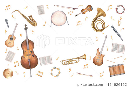 Watercolor musical instruments rectangle border isolated background. Guitar, double bass, French horn, drum, saxophone and note page frame. Illustration or instrumental tutorials, festival posters 124626132