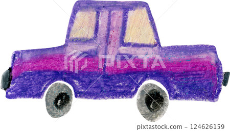 Cute stylized oil pastel retro purple car illustration. Bright violet and pink color hand drawn old-fashioned auto clipart for kids t-shirt textile design, sticker, label, nursery poster Cute stylized oil pastel retro purple car illustration. Bright violet and pink color hand drawn old-fashioned auto clipart for kids t-shirt textile design, sticker, label, nursery poster 124626159