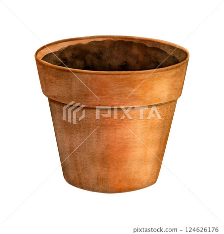 Watercolor of brown flower pot with soil isolated on a white background. Good for postcards, invitations, greeting cards 124626176