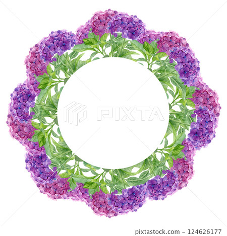 Hydrangea wreath. Watercolor of summer flowers isolated on a white background. Good for postcards, invitations, greeting cards 124626177
